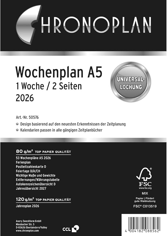 Chronoplan 50576 Calendar Insert 2026 (Weekly Plan A5 (148 x 210 mm) Replacement Calendar for Appointment Planner, Ideal for Detailed Weekly Planning, 1 Week on 2 Pages in Lines, with Universal
