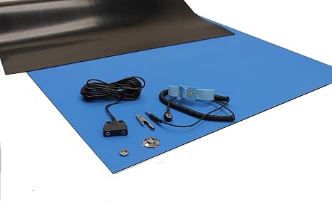 Rubber ESD Anti-Static HIGH Temperature Soldering MAT KIT-24" X 84" (2'x 7') - 0.08" Thick- with Dual Point and Wrist Strap-Blue
