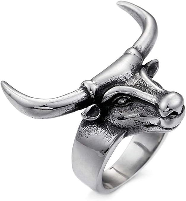 Daesar Men Rings Stainless Steel Bull Head Silver Rings for Men Engraved Ring Men Vintage