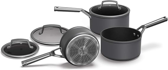 Ninja Foodi ZEROSTICK 3-Piece Saucepan Set with Glass Lids Durable Non-Stick Coating Hard Anodised Aluminium Oven and Dishwasher Safe Induction Compatible Grey C33000EU