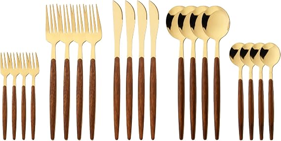 Wood 20pcs Stainless Steel Silverware Flatware Set for Home Hotel