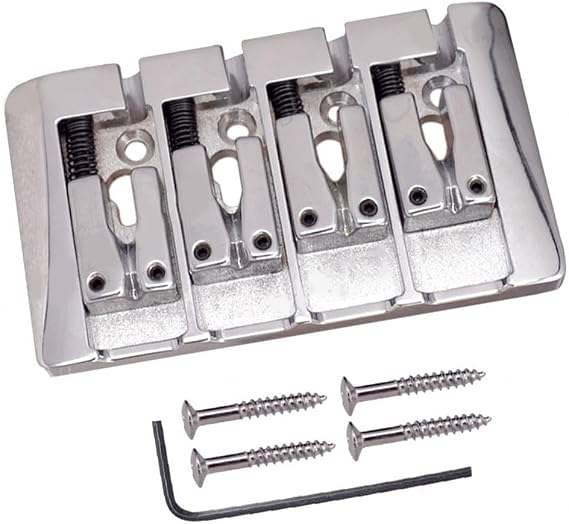 Silver Black Bass Bridge, Fixed, 4 String L Shape, String through, Adjustable Saddles (Silver)