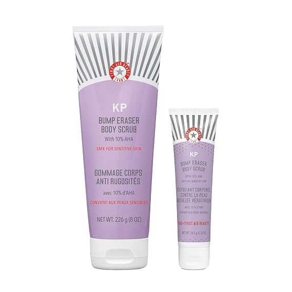First Aid Beauty - KP Bump Eraser Body Scrub with 10% AHA, Keratosis Pilaris Skin Exfoliater with Glycolic and Lactic acids, Helps Reduce Chicken Skin Bumps, Safe for Sensitive Skin, 8 oz + Bonus, 2ct
