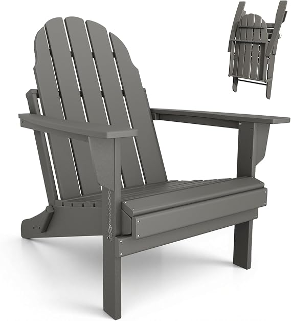 Mdeam Folding Adirondack Chair, Weather Resistant HDPE Garden Chair, Grey