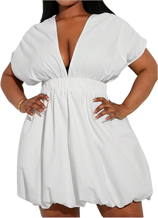WDIRARA Women's Plus Size Deep V Neck Bubble Mini Dress