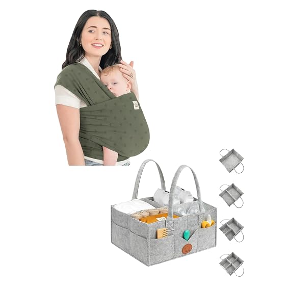 KeaBabies Baby Wrap Carrier and Baby Diaper Caddy Organizer - All in 1 Original Breathable Baby Sling, Hands Free Baby Carrier Sling - Large Baby Organizer for Nursery