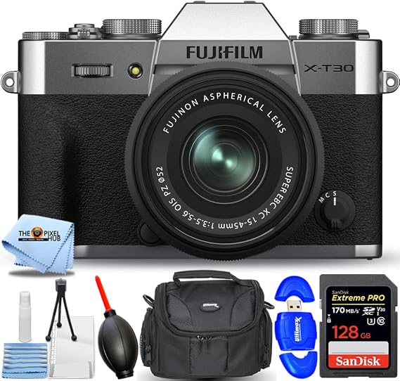 FUJIFILM X-T30 II Mirrorless Camera with XC 15-45mm OIS PZ Lens (Silver) - 7PC Accessory Bundle Includes: Sandisk Ultra 32GB SD, Card Reader, Gadget Bag, Blower. Microfiber Cloth and Cleaning Kit