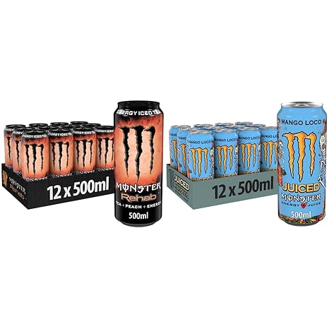 Monster Energy Rehab Peach 500ml Disposable Tin - Energy Iced Tea Peach Flavoured & Mango Loco 500ml Disposable Tin with Tropical Fruits