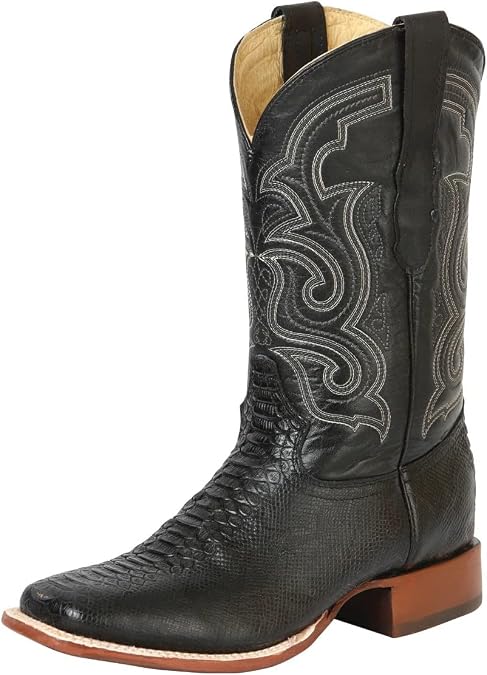 Men's El General Python Imitation Rodeo Boot Black Exotic Print Synthetic Leather Bulldog Toe Genuine Sole Pull On Mid Calf Handcrafted Durable Western Cowboy Statement Work Classic Style