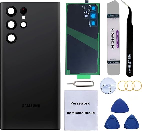 Rear Back Glass Replacement for Samsung Galaxy S22 Ultra 6.8 inches 5G with Reparing Toolkit and Pre-Installed Adhesive (Phantom Black)
