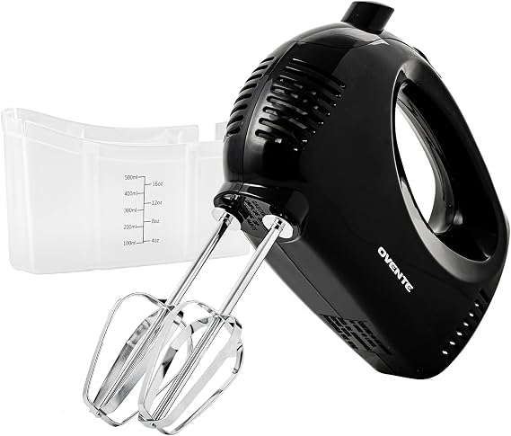 OVENTE 5-Speed Electric Hand Mixer with Storage Case,150W, Black HM151B | Stainless Steel Whisks, Compact Portable Design, Lightweight Handheld Mixer for Baking & Cooking