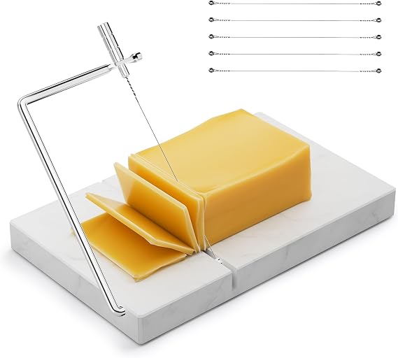 TOPULORS Marble Cheese Slicer with 5 Replacement Thick Cutting Wires, White | Heavy-Duty 5"x8" Handheld Marble Board Cheese Slicer Cutter, Smoothly Cuts Block Cheese & Butter, Daily Kitchen Gadget