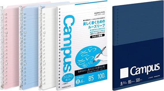 Kokuyo Campus B5 Smart Ring Binders 3-Pack with 120 Sheets Business Loose-Leaf Paper Bundle - Japanese Import Set, 26-Hole Light Color Binders & Premium 6mm Dotted Ruled Paper for Work & Study