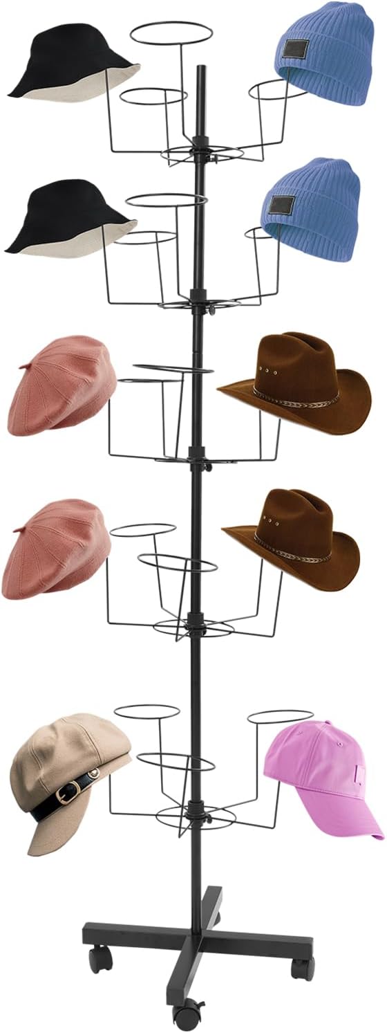Clothes Rack,Hat Display Rack Stand, Hat Display Holder Stand with 25 Hooks Hat, 5 Tiers Hat Holder Storage Organizer, FloorStand Display Holder Headwear Retail Store Hat Wig Cap Hanger Rack (Black)