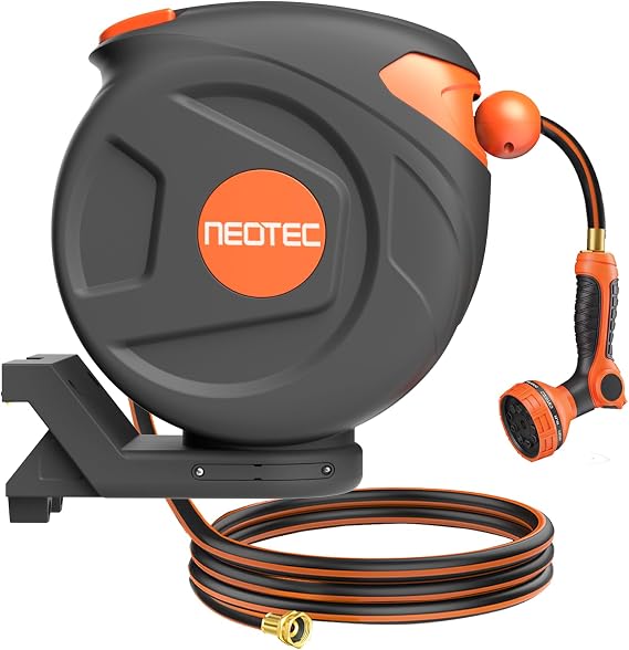 1/2 inch 82 ft Retractable Garden Hose Reel Any Length Lock 9 Pattern Nozzle Wall-Mounted Automatic Slow Return 180 Swivel UV Resistant Heavy Duty Hose Reels for Outside