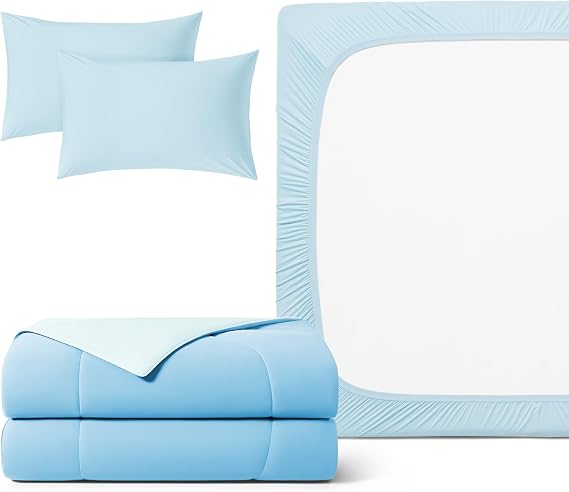 REST Buy 2 GET 35 Percent Off: Evercool Comforter Plus 3PC Starter Sheet Set Bundle, in Light Blue, Queen Size
