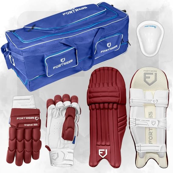 Vermont Fortress Original 100 Cricket Set Complete Cricket Kit with Batting Pads, Gloves, Abdo Guard & XL Wheelie Bag Youth to Adult Sizes
