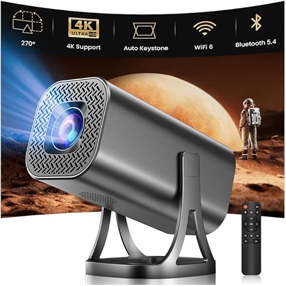 Mini Projector Supports 4K 1080P Mini Projector Android 12.0 with 22000L WiFi 6 and Bluetooth 5.4 Home Cinema Smart Projector with Car Keystone Mobile Phone 270 Degree Rotation for PC/HDMI/USB/TF Card