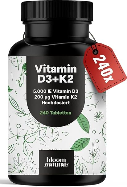 Vitamin D3 K2 High Dose - 240 Tablets - 5000 IU D3 + 200 µg K2