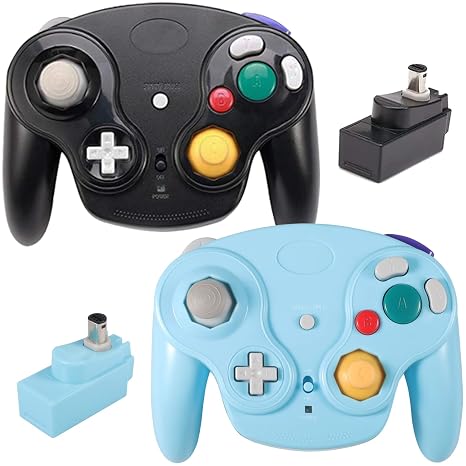 PGYFDAL Wireless Game Cube Controller, 2 Pieces 2.4G Wireless Classic Gamepad with Receiver Adapter for Wii Game Cube NGC GC (Black and Blue)