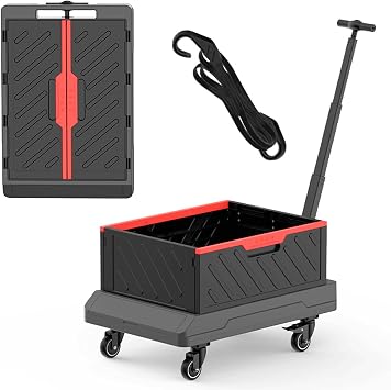 Folding Hand Truck with Telescopic Handle,Multi-Functional Portable Heavy Duty Dolly Cart with 4 Silent Wheels,Multi-Purpose Wheeled Platform Cart,for Travel Move Shop Outdoor Work (Red)