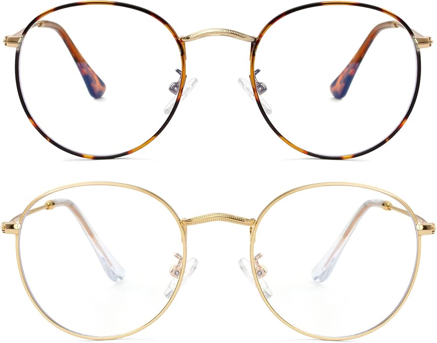 Onrtry Circle Blue Light Glasses for Women Men Round Metal Frame Computer Gaming Eyeglasses 2 Pack