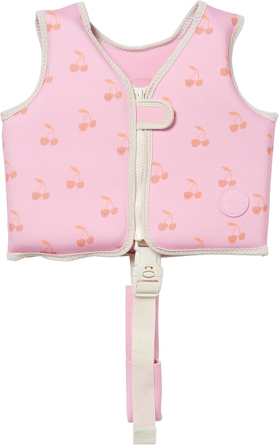 SUNNYLiFE Swim Vest for Toddlers 1-2 | Front-Zip Float Vest with Anti-Rise Leg Strap, Neoprene Comfort Guard | Learn-to-Swim Training Aid, Full Arm Movement, Cotton Candy Cherry.