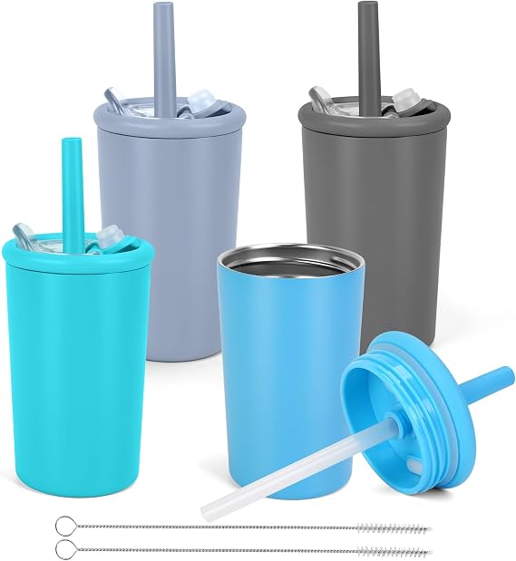 Stainless Steel Kids Tumbler with Straw and Lid, 12oz Double-wall Insulated Drinking Jar Bottle Reusable Iced Coffee Cups with Lids, Smoothie Cups for Ice Water, Juice, Tea, Milk, 4 Pack