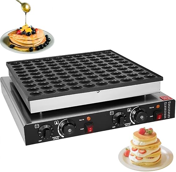 Mini Dutch Pancake Baker Maker, Commercial Electric Nonstick 100 Holes, Mini Pancake Maker Stainless Steel, 1.8" Pancake Maker with 2 Thermostats & 2 Timers Separate Control, for Home and Restaurant
