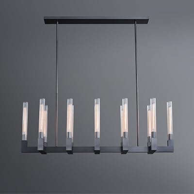 55-Inch Black Rectangular Island Chandelier, 12-Light Vintage Gunblack Industrial Ceiling Pendant Over Kitchen Island & Dining Table with Glass Tube Shades