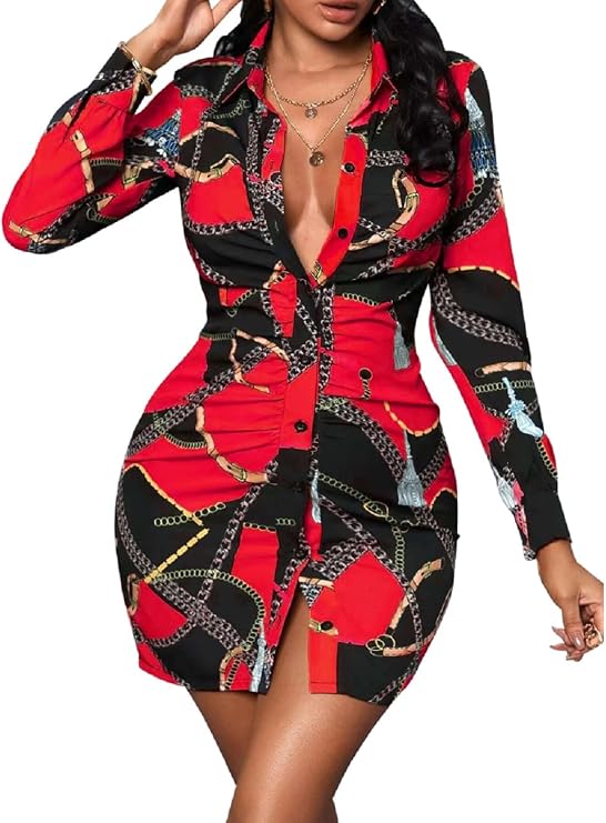 Button Down Dress Shirts for Women Colorful Blouses Long Sleeve Floral Print Tops Loose Collar Sexy T-Shirts