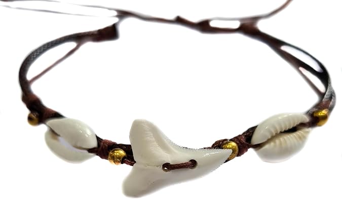 Genuine Mako Shark Tooth Cowrie Shell Cord Bracelet Men Women GA099 | Real Shark Tooth, Handcrafted 6"-10" Adjustable Waxed Cord Seashell Bracelet, Lightweight Surfer Beach Jewelry Gift Men Women