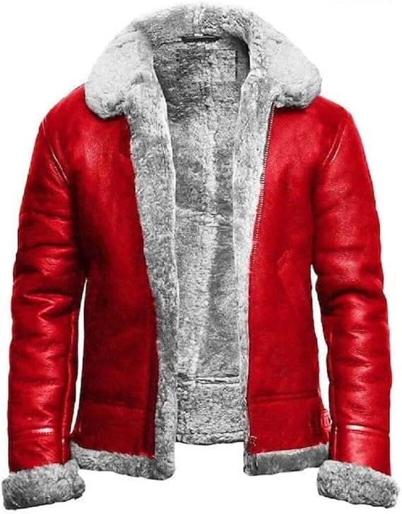 Mens Red jacket A2 Bomber Aviator Christmas Holiday Faux Fur Leather Jacket