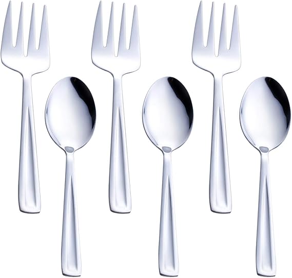 GoGeiLi Stainless Steel Serving Spoon and Serving Fork Set, Include 3 Large Serving Spoon and 3 Serving Fork, 9.5-inch Catering Serving Utensil Set, Dishwasher Safe