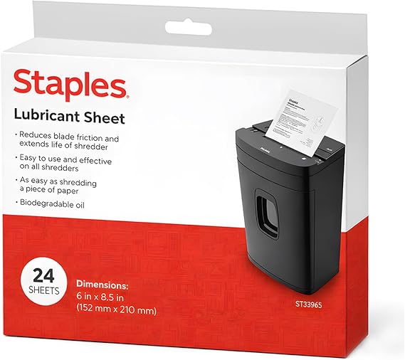 Staples Shredder Lubricant Lubricating Sheets, Reduces Friction & Noise, Keeps Blades Sharp, Pack of 24
