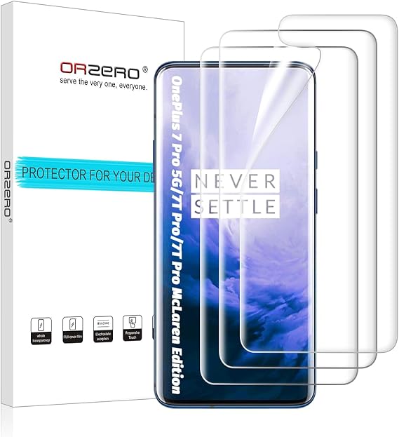 Orzero (3 Pack) TPU Screen Protector Compatible for OnePlus 7 Pro 5G/7T Pro/7T Pro McLaren Edition (Not Glass) Protector De Pantalla Support In-Display Fingerprints Scanner Premium Quality Silky Slim