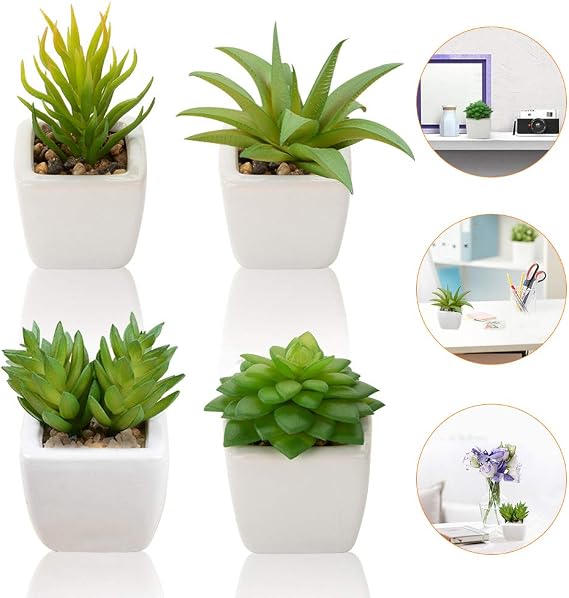 Artificial Succulent Plants, Set of 4 Small Fake Plants Mini Potted Succulent Plants with White Ceramic Pots, Decorative Fuax Plant for Home House Table Balcony Office indoor Outdoor Decor Accessories