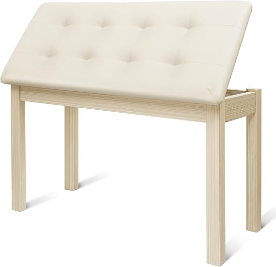 UISCOM Duet Piano Bench with Padded Cushion and Storage - Solid Wood Keyboard Bench Bookcase Stool Chair Seat Vanity Stool Tufted Wooden Piano Seat, Comfortable Sponges Pad,Apricot