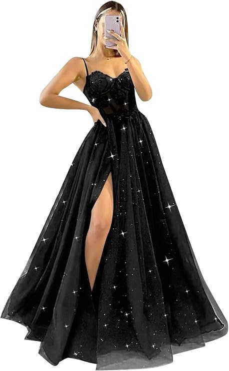 Spaghetti Straps Glitter Prom Dresses Sweetheart Tulle Ball Gown with Slit Lace Appliques Formal Evening Dress Black Size 2