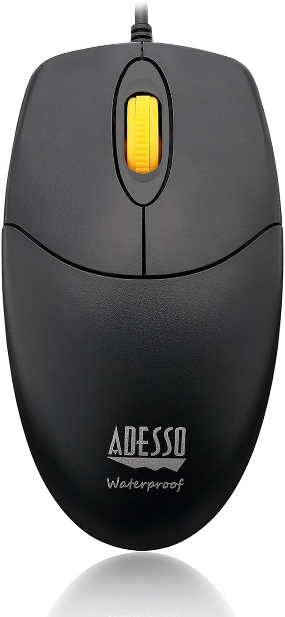 Adesso iMouse W3 Waterproof USB Optical Mouse with Magnetic Scroll Wheel, 1000 DPI, 4 Button Wired Mouse for Laptop Desktop, Sealed Washable Design, Black