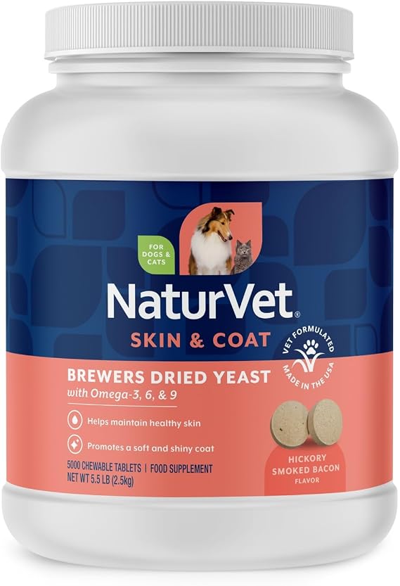 NaturVet Brewers Dried Yeast Formula with Garlic Flavoring Plus Omegas | Rich in Omega-3, 6 & 9 Fatty Acids | Fortified with B1, B2, Niacin & Vitamin C | For Dogs & Cats | 5000 Chewable Tablets