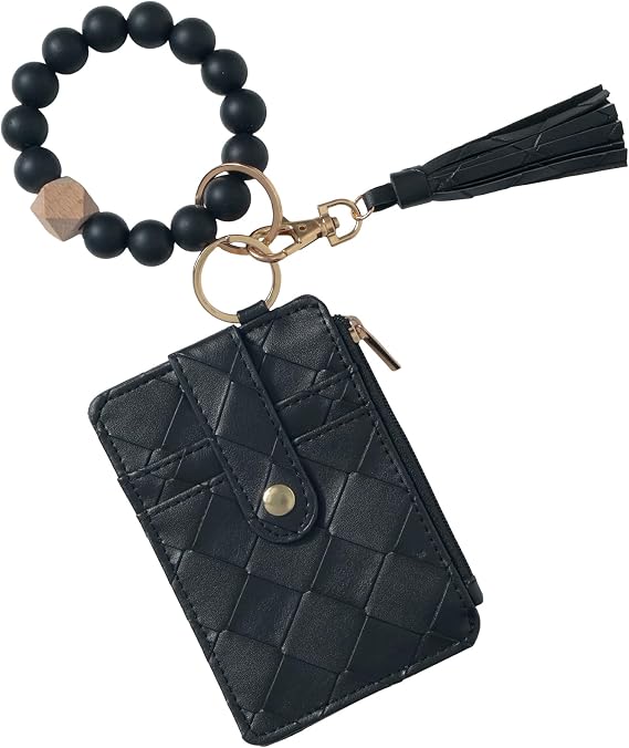 Snycler Solid color Beaded Wallet Wristlet Card Holder- Zip Card Wallet & Keychain with Tassel Accessory Gift