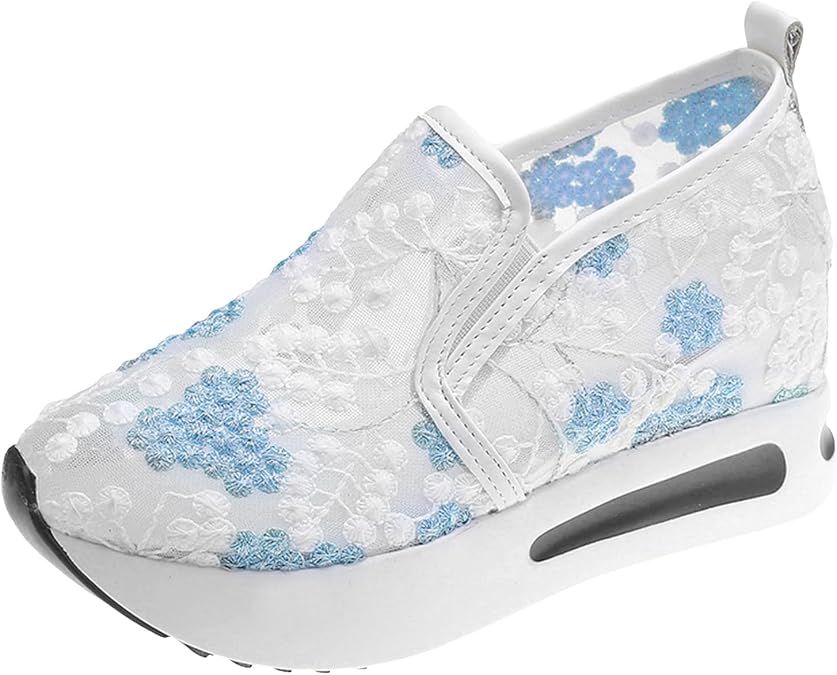 White Platform Sneakers for Women Platform Wedge Sneakers for Women Fashion Embroidery Floral Lace Air Comfort Chunky Sneakers Hidden High Heels Slip On Loafers Breathable Walking Work Shoes