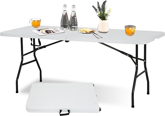 6Ft Foldable Plastic Table,Fold in Half Heavy Duty Portable Indoor Table,Folding Table with Carrying Handle for Camping,Wedding and Garden Dining,Lightweight Space-Saving Camping Table,White