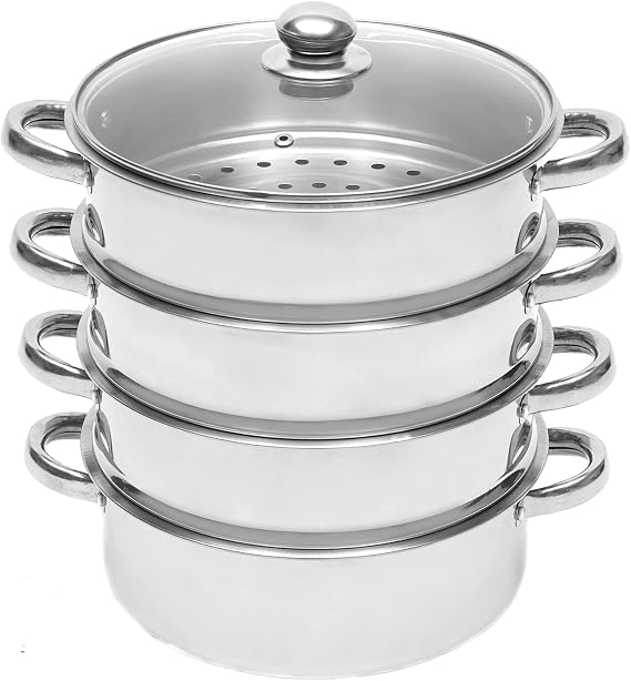 5 Tier Stainless Steel Steamer Pot Thick-bottomed, Steamer Cookware Pot/Saucepan with Glass Lid, Work for Induction and Stove, Suitable for Vegetable, Dumpling, and Seafood (26cm/10.2in)