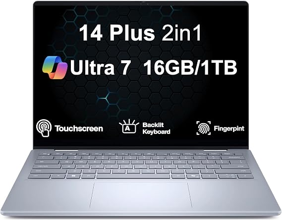 Dell 14 Plus 2-in-1 Laptop 14.0" LCD WUXGA Touchscreen Display (Intel Ultra 7-256V(>i9-12900K), 16GB LPDDR5X, 1TB SSD, Intel Arc Graphics, Copilot+ PC, Backlit KB, Fingerprint, Win 11 Pro)