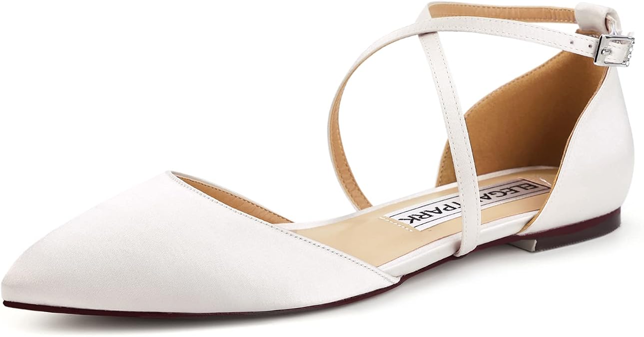 ELEGANTPARK Comfortable Flats for Women Pointed Toe Wedding Dress Shoes | Adjustable Cross Strap, Comfortable Flats for Bride, Wedding Guest, Bridal Reception, Office, Business Casual, Daily Wear