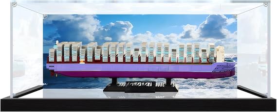 Acrylic Display Case for Model 40955 Maersk Dual-Fuel Container Vessel, Compatible with Lego, Transparent Dustproof Storage Box (Model Not Included) (Background Build + Mirror)