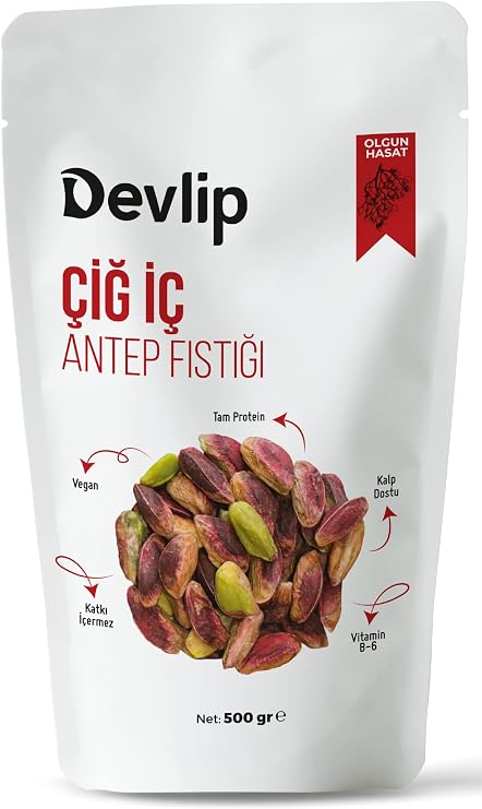 Devlip Olgun Hasat (Kırmızı) Çiğ İç Antep Fıstığı, 500 GR, Kilitli (Aç-Kapa) Ambalaj, Vegan