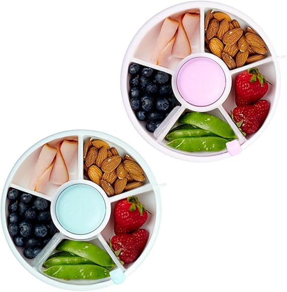 GoBe Kids Macaron Blue and Taro Purple Snack Spinner Bundle with Hand Strap and Sticker Sheet - Reusable Snack Container with 5 Compartment Dispenser and Lid | BPA and PVC Free | Dishwasher Safe